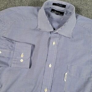 Faconnable Shirt Mens Large Blue Check Twill Long Sleeve Button Up Pocket